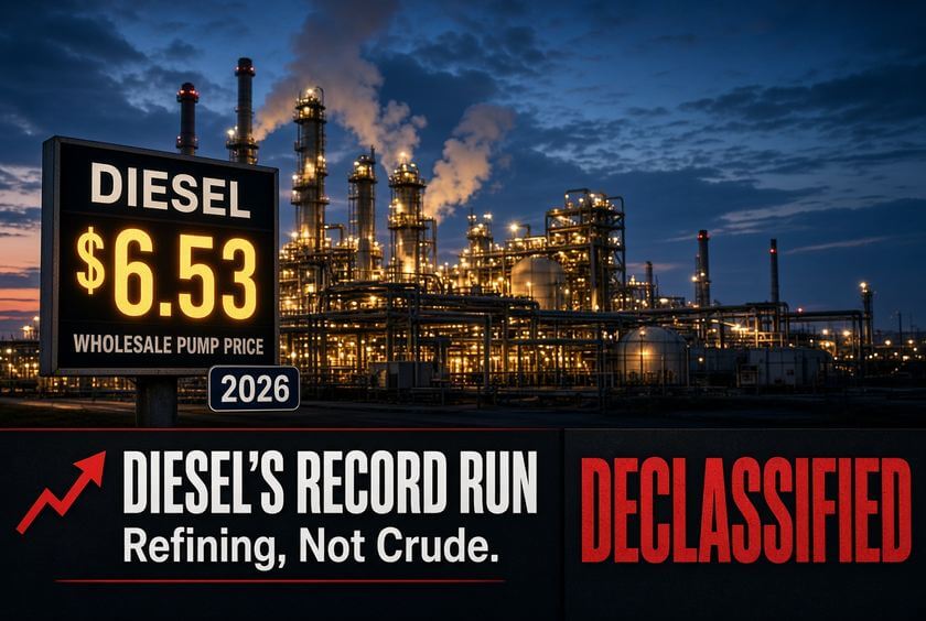 one gallon of diesel at the Sept. 22 retail price of $6.53, layered into crude oil $2.74, refining gap $2.27, and taxes and distribution $1.52, beside a card reading refining gap up 2.8 times since February