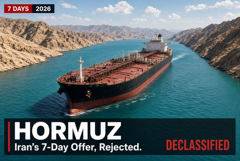 Schematic chart of the Strait of Hormuz between Iran and Oman's Musandam peninsula with a red bar marked closed across the narrows, above a strip of seven day boxes with day 7 in red marked open, beside a card reading Brent $104 late week after $98 on Sept. 22