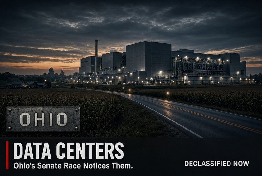 Bar chart of Ohio's 2025 data center tax break, $136 million forecast versus $1.6 billion actual, beside a poll card showing 65 percent oppose a data center in their town, stamped OPINION