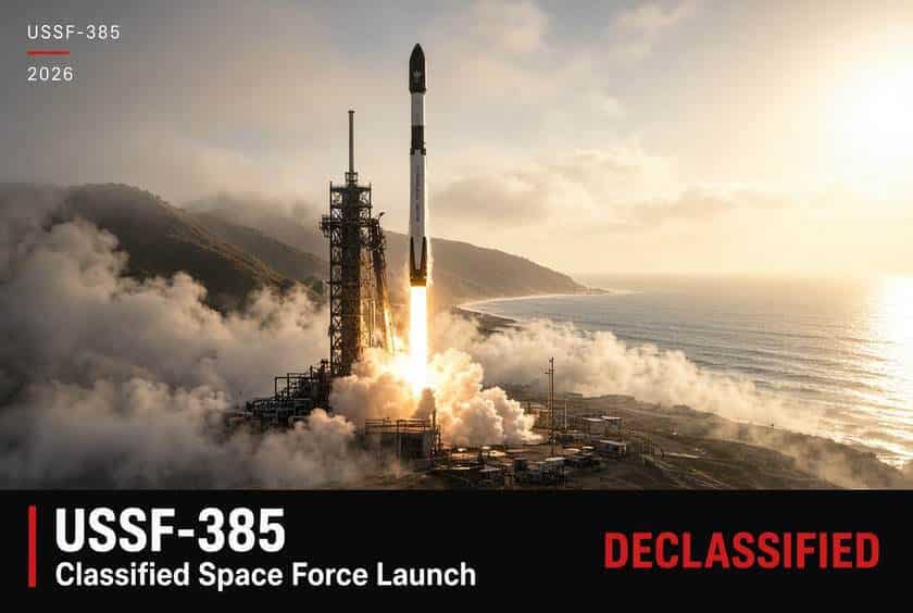 SpaceX Falcon 9 rocket, booster B1100, rising out of dense fog at Space Launch Complex 4-East, Vandenberg,