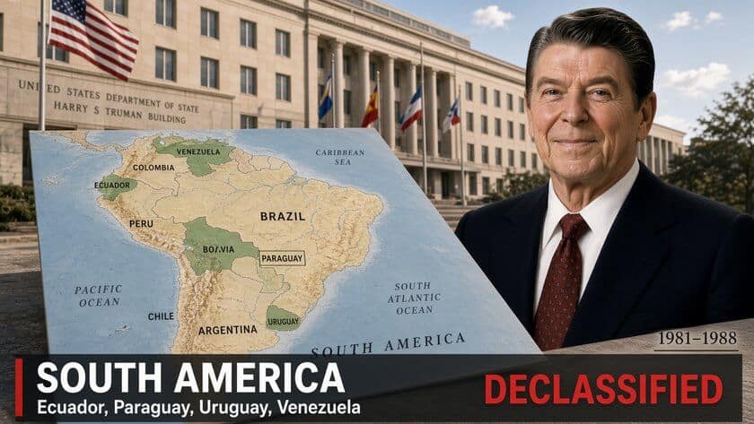Cover of Foreign Relations of the United States 1981-1988 Volume XVI South America with red chapter tabs for Ecuador, Paraguay, Uruguay and Venezuela, beside a card reading 88 documents out