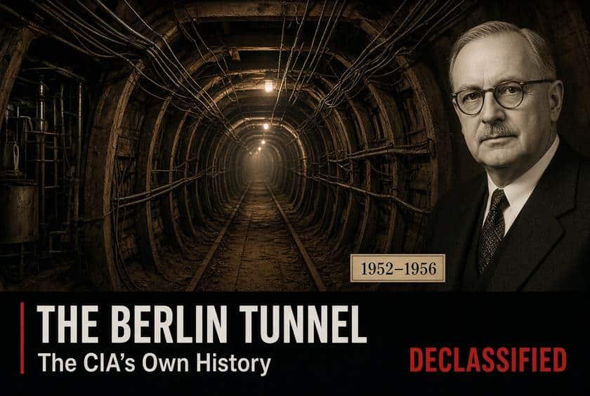 Cross-section of the Berlin Tunnel running 1,476 feet from a warehouse shaft in the U.S. sector under a dashed red sector border to a tap chamber on three cables beneath the road to Schönefeld, beside a card reading 443,000 conversations fully transcribed