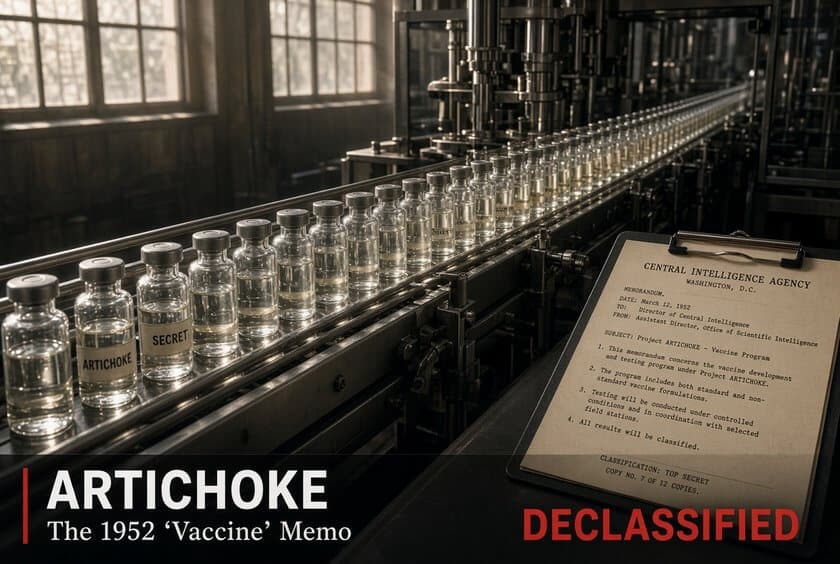 A 1950s glass syringe with a typed tag reading CIA Artichoke, 24 April 1952, vaccinations, shots, etc., beside a card noting the memo's 14 research fields, one of which mentions shots
