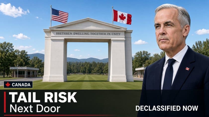 Red just-in-case kit with a flashlight, beside a card quoting Trump in May 2025 saying highly unlikely and Carney in September 2026 saying extreme tail risk,